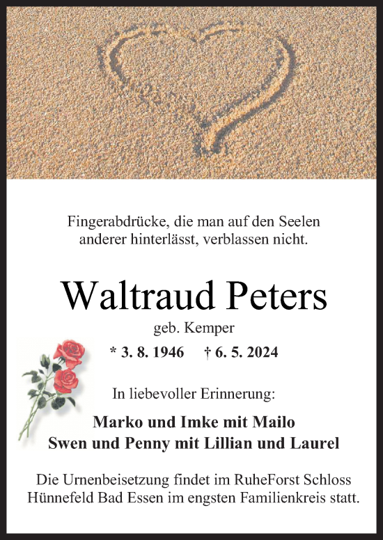 Traueranzeige von Waltraud Peters von Neue Osnabrücker Zeitung GmbH & Co. KG