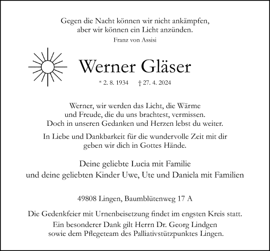 Traueranzeige von Werner Gläser von Neue Osnabrücker Zeitung GmbH & Co. KG