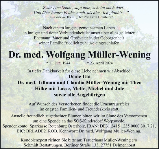 Traueranzeige von Wolfgang Müller-Wening von DK Medien GmbH & Co. KG
