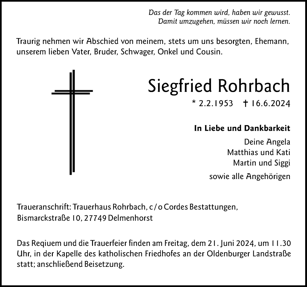 Traueranzeigen Von Siegfried Rohrbach Noz Trauerportal