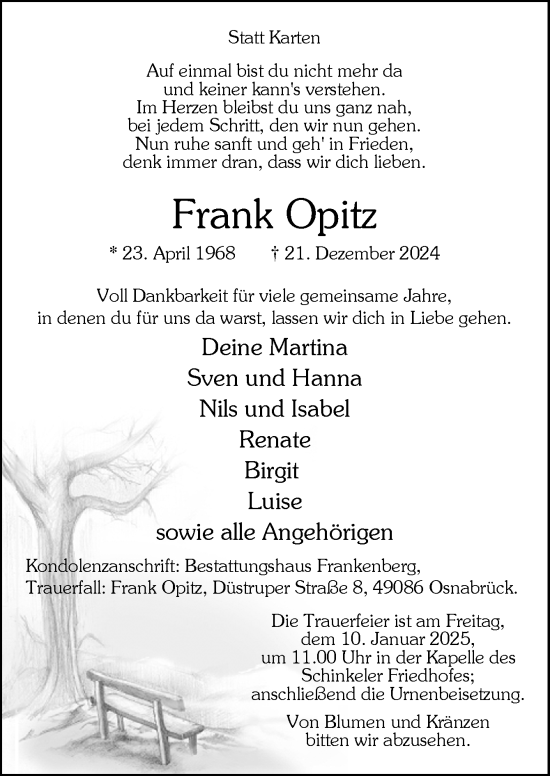 Traueranzeigen Von Frank Opitz Noz Trauerportal