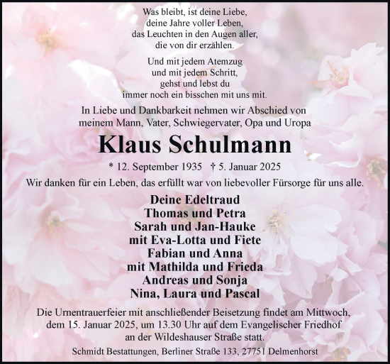 Traueranzeigen Von Klaus Schulmann Noz Trauerportal