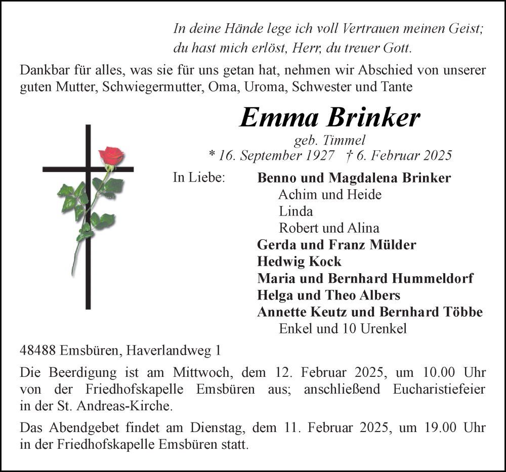 Traueranzeigen Von Emma Brinker Noz Trauerportal