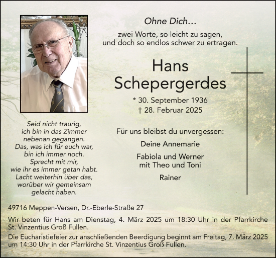 Traueranzeigen Von Hans Schepergerdes Noz Trauerportal