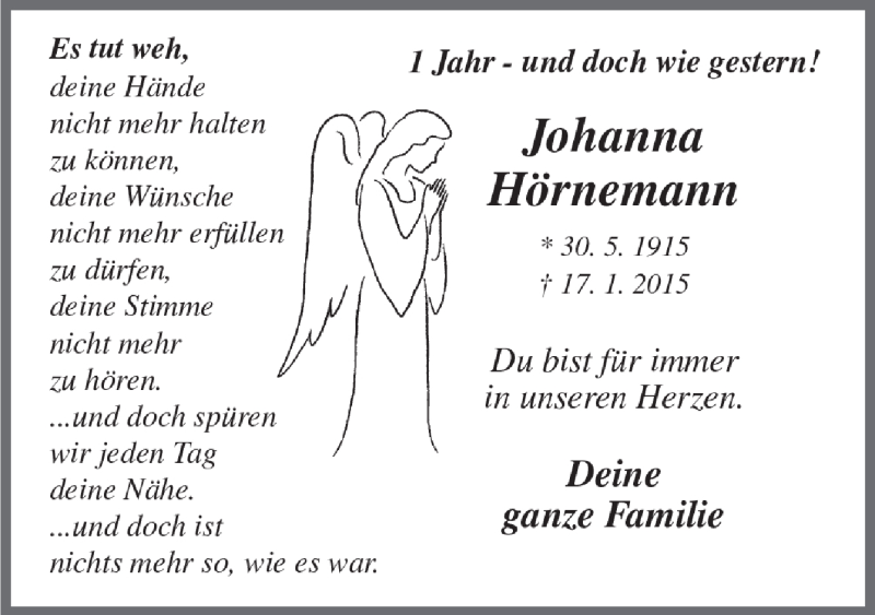  Traueranzeige für Johanna Hörnemann vom 16.01.2016 aus Neue Osnabrücker Zeitung GmbH & Co. KG