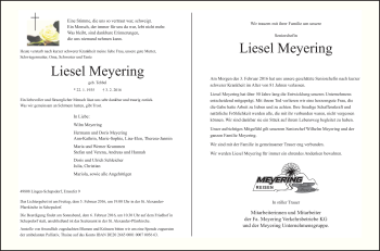Traueranzeige von Liesel Meyering von Neue Osnabrücker Zeitung GmbH & Co. KG