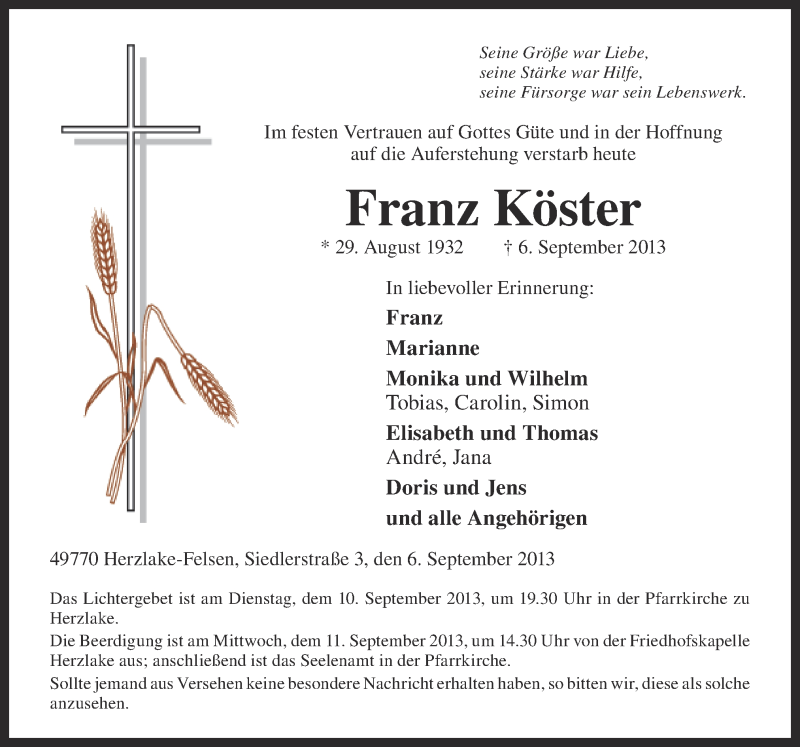  Traueranzeige für Franz Köster vom 07.09.2013 aus Neue Osnabrücker Zeitung GmbH & Co. KG