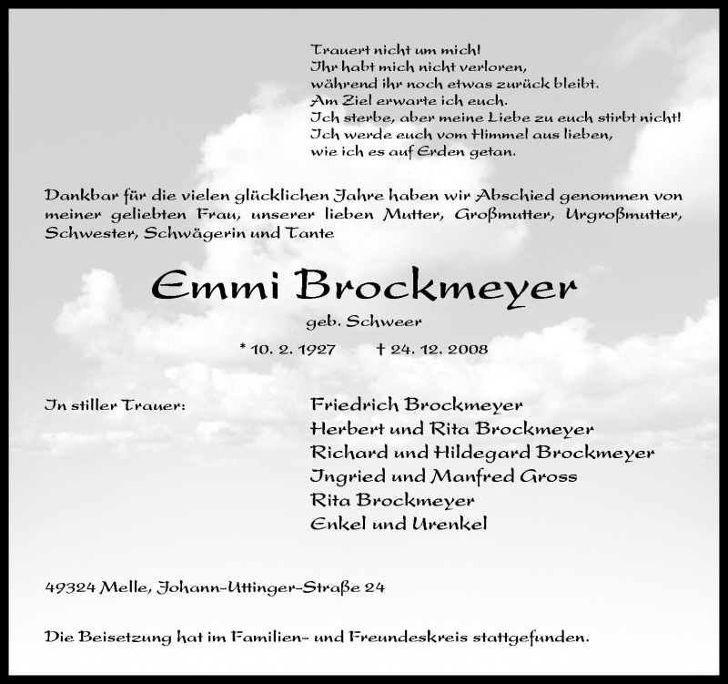  Traueranzeige für Emmi Brockmeyer vom 03.01.2009 aus Neue Osnabrücker Zeitung GmbH & Co. KG
