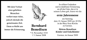 Traueranzeige von Bernhard Benedixen von Neue Osnabrücker Zeitung GmbH & Co. KG