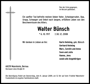 Traueranzeige von Walter Bünsch von Neue Osnabrücker Zeitung GmbH & Co. KG