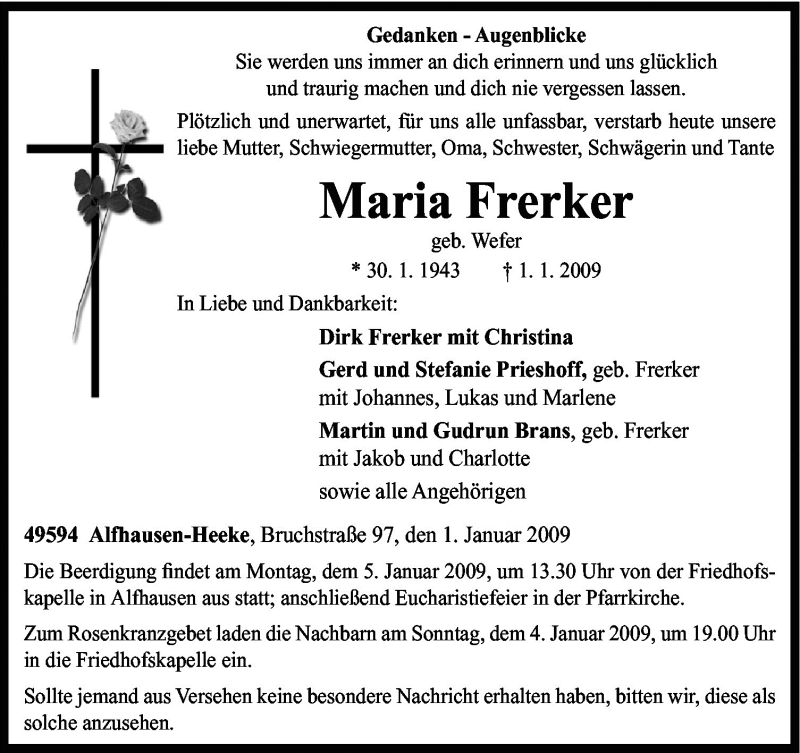  Traueranzeige für Maria Frerker vom 03.01.2009 aus Neue Osnabrücker Zeitung GmbH & Co. KG