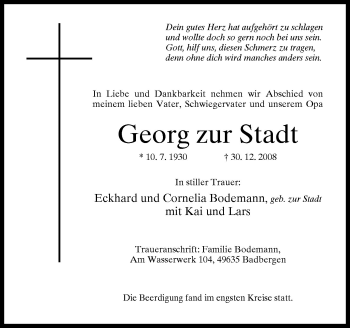 Traueranzeige von Georg zur Stadt von Neue Osnabrücker Zeitung GmbH & Co. KG