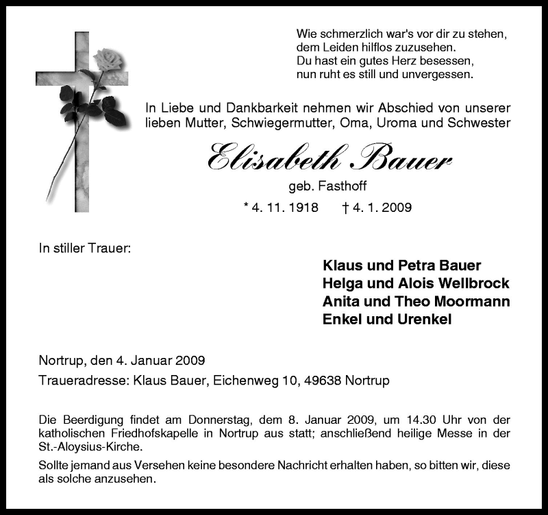  Traueranzeige für Elisabeth Bauer vom 06.01.2009 aus Neue Osnabrücker Zeitung GmbH & Co. KG