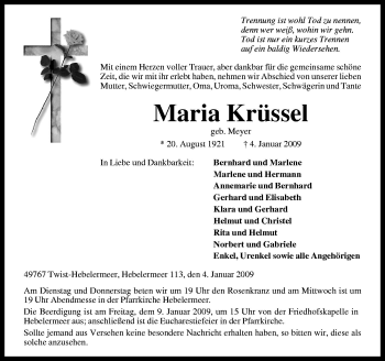 Traueranzeige von Maria Krüssel von Neue Osnabrücker Zeitung GmbH & Co. KG