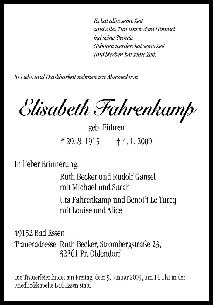  Traueranzeige für Elisabeth Fahrenkamp vom 06.01.2009 aus Neue Osnabrücker Zeitung GmbH & Co. KG