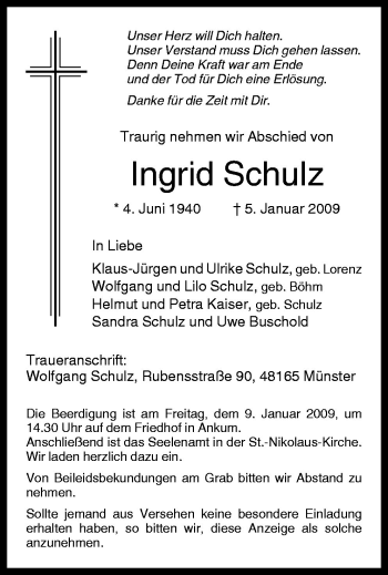 Traueranzeige von Ingrid Schulz von Neue Osnabrücker Zeitung GmbH & Co. KG