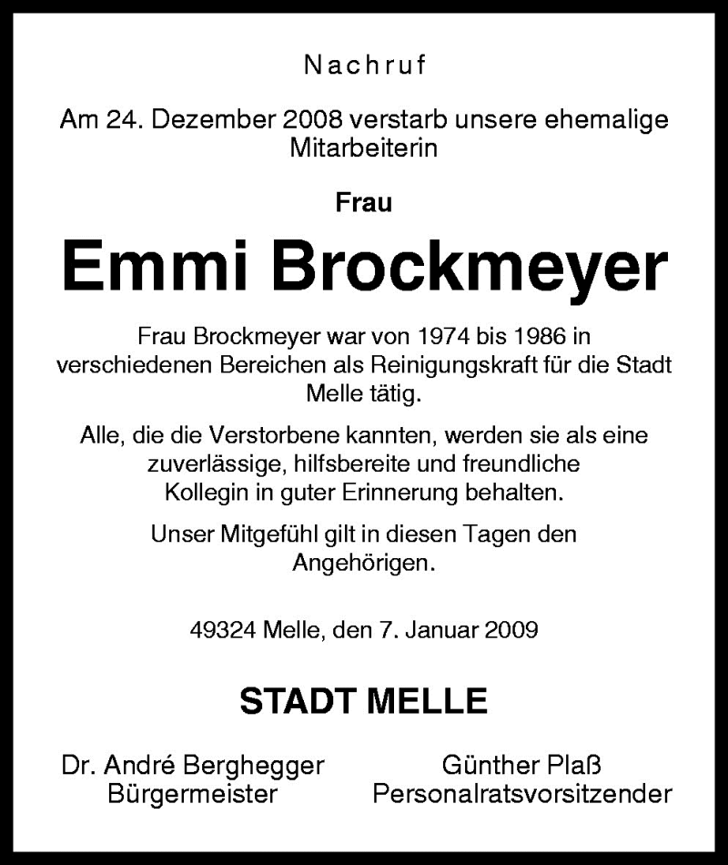  Traueranzeige für Emmi Brockmeyer vom 08.01.2009 aus Neue Osnabrücker Zeitung GmbH & Co. KG