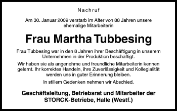 Traueranzeige von Martha Tubbesing von Neue Osnabrücker Zeitung GmbH & Co. KG