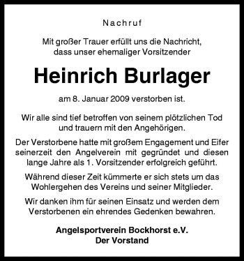 Traueranzeige von Heinrich Burlager von Neue Osnabrücker Zeitung GmbH & Co. KG