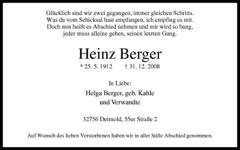 Traueranzeige von Heinz Berger von Neue Osnabrücker Zeitung GmbH & Co. KG