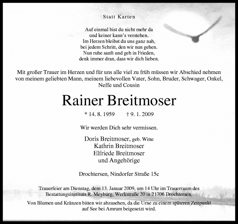  Traueranzeige für Rainer Breitmoser vom 10.01.2009 aus Neue Osnabrücker Zeitung GmbH & Co. KG