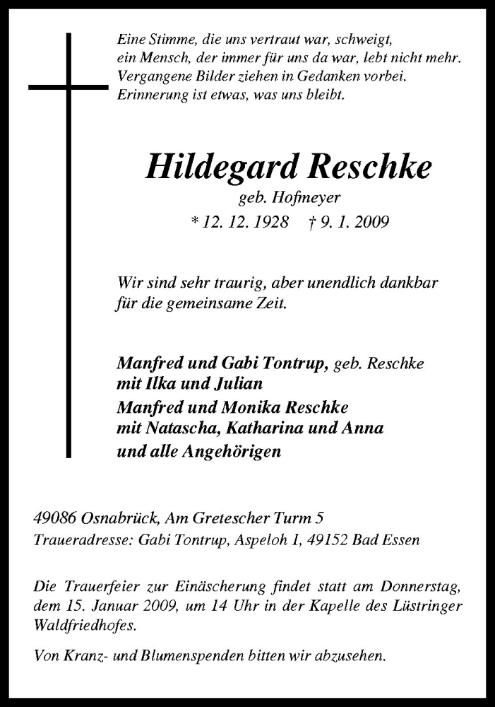  Traueranzeige für Hildegard Reschke vom 12.01.2009 aus Neue Osnabrücker Zeitung GmbH & Co. KG