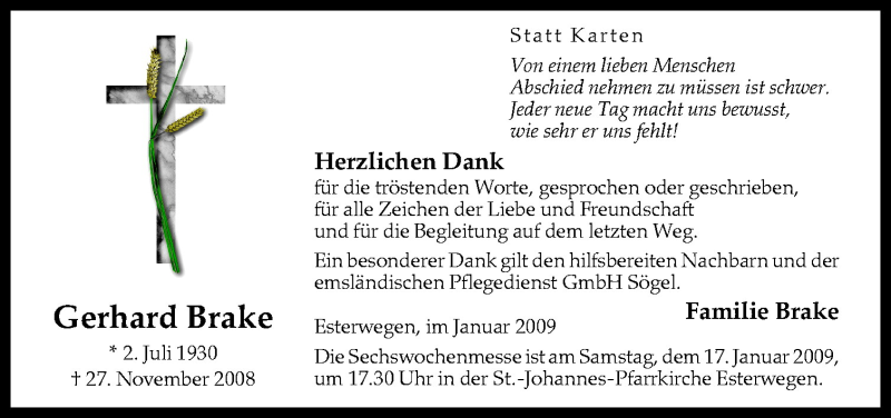  Traueranzeige für Gerhard Brake vom 15.01.2009 aus Neue Osnabrücker Zeitung GmbH & Co. KG