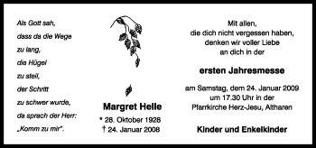 Traueranzeige von Margret Helle von Neue Osnabrücker Zeitung GmbH & Co. KG