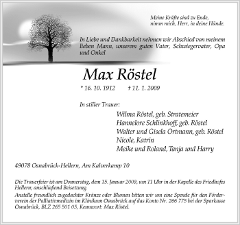 Traueranzeige von Röstel Max von Neue Osnabrücker Zeitung GmbH & Co. KG