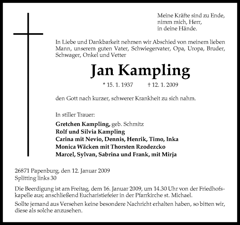  Traueranzeige für Jan Kampling vom 14.01.2009 aus Neue Osnabrücker Zeitung GmbH & Co. KG