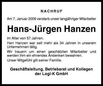 Traueranzeige von Hans-Jürgen Hanzen von Neue Osnabrücker Zeitung GmbH & Co. KG