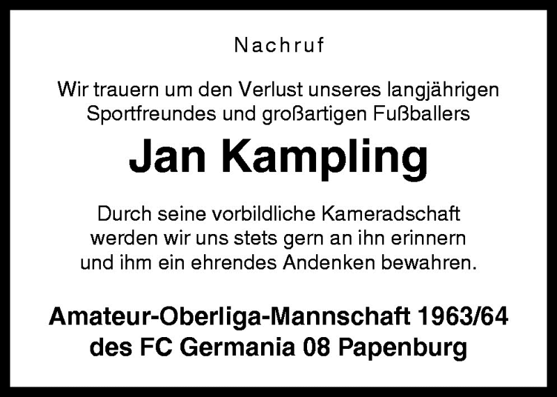  Traueranzeige für Jan Kampling vom 16.01.2009 aus Neue Osnabrücker Zeitung GmbH & Co. KG