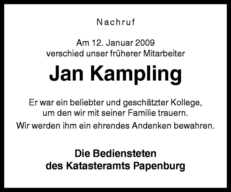  Traueranzeige für Jan Kampling vom 16.01.2009 aus Neue Osnabrücker Zeitung GmbH & Co. KG