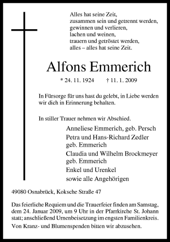 Traueranzeige von Alfons Emmerich von Neue Osnabrücker Zeitung GmbH & Co. KG