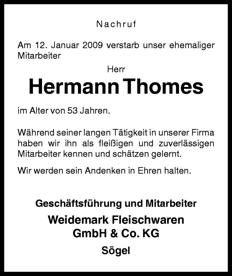  Traueranzeige für Hermann Thomes vom 17.01.2009 aus Neue Osnabrücker Zeitung GmbH & Co. KG