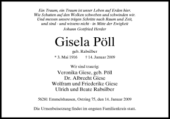 Traueranzeige von Gisela Pöll von Neue Osnabrücker Zeitung GmbH & Co. KG