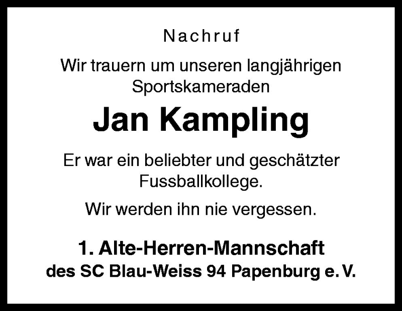  Traueranzeige für Jan Kampling vom 19.01.2009 aus Neue Osnabrücker Zeitung GmbH & Co. KG