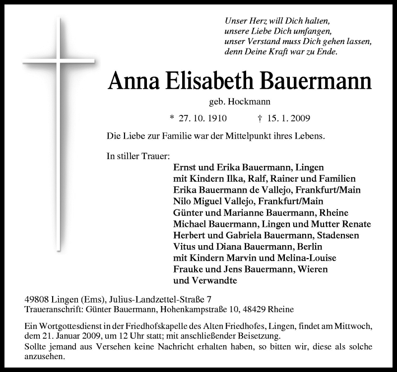  Traueranzeige für Anna Elisabeth Bauermann vom 19.01.2009 aus Neue Osnabrücker Zeitung GmbH & Co. KG