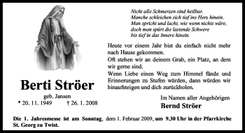 Traueranzeige von Berti Ströer von Neue Osnabrücker Zeitung GmbH & Co. KG