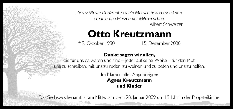  Traueranzeige für Otto Kreutzmann vom 24.01.2009 aus Neue Osnabrücker Zeitung GmbH & Co. KG