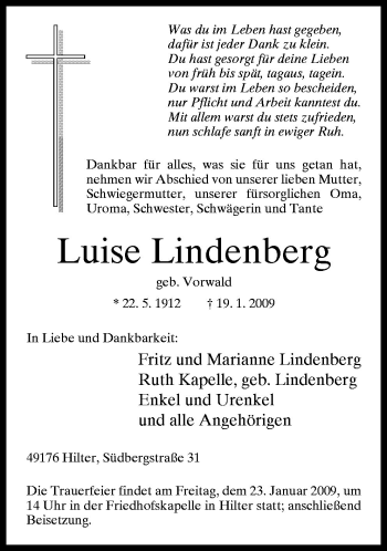 Traueranzeige von Luise Lindenberg von Neue Osnabrücker Zeitung GmbH & Co. KG