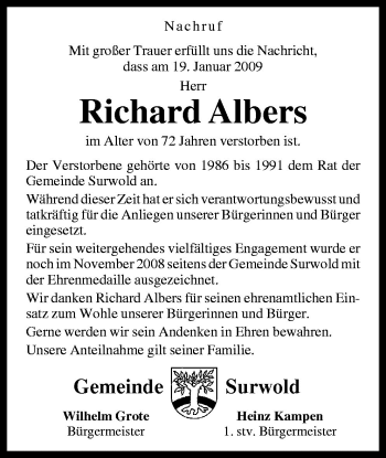 Traueranzeige von Richard Albers von Neue Osnabrücker Zeitung GmbH & Co. KG