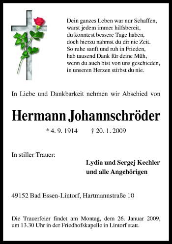 Traueranzeige von Hermann Johannschröder von Neue Osnabrücker Zeitung GmbH & Co. KG