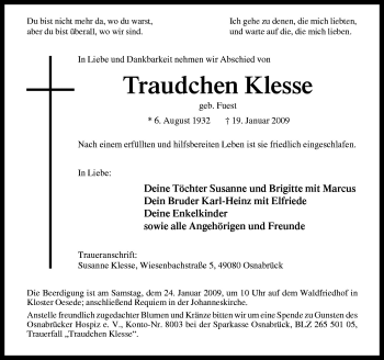 Traueranzeige von Traudchen Klesse von Neue Osnabrücker Zeitung GmbH & Co. KG