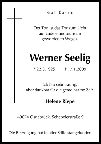 Traueranzeige von Werner Seelig von Neue Osnabrücker Zeitung GmbH & Co. KG
