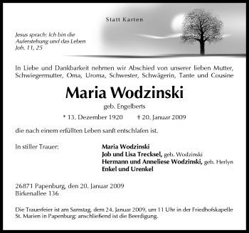 Traueranzeige von Maria Wodzinski von Neue Osnabrücker Zeitung GmbH & Co. KG