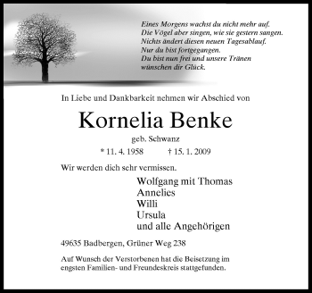 Traueranzeige von Benke Kornelia von Neue Osnabrücker Zeitung GmbH & Co. KG