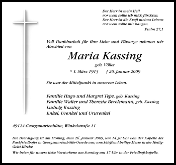 Traueranzeige von Maria Kassing von Neue Osnabrücker Zeitung GmbH & Co. KG