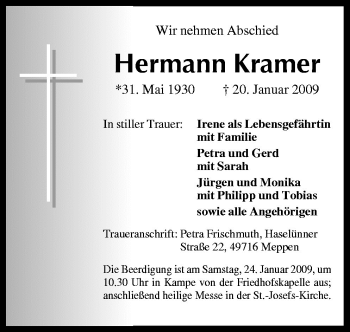 Traueranzeige von Hermann Kramer von Neue Osnabrücker Zeitung GmbH & Co. KG