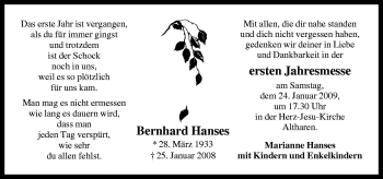 Traueranzeige von Bernhard Hanses von Neue Osnabrücker Zeitung GmbH & Co. KG